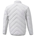 A white puffer jacket is displayed featuring a chevron pattern on the back with a stand-up collar in a neutral setting suitable for cold weather activities