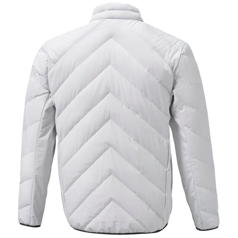 A white puffer jacket is displayed featuring a chevron pattern on the back with a stand-up collar in a neutral setting suitable for cold weather activities