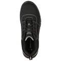 A black athletic shoe with a lace-up design and white stitching rests flat against a plain white background showcasing its rounded toe and cushioned collar for comfort.
