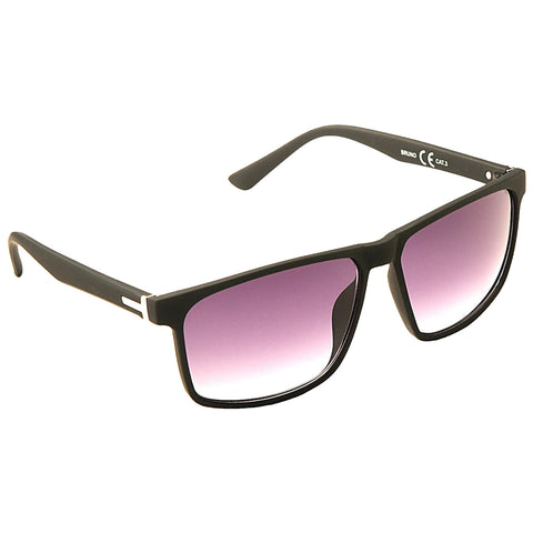 Black sunglasses with gradient purple lenses are positioned on a flat surface facing forward showcasing their angular design and sleek appearance suitable for sun protection and fashion enhancement.