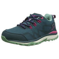 A blue-green hiking shoe with pink accents features a textured sole and laces. It is designed for outdoor activities, showcasing a sturdy build suitable for various terrains.