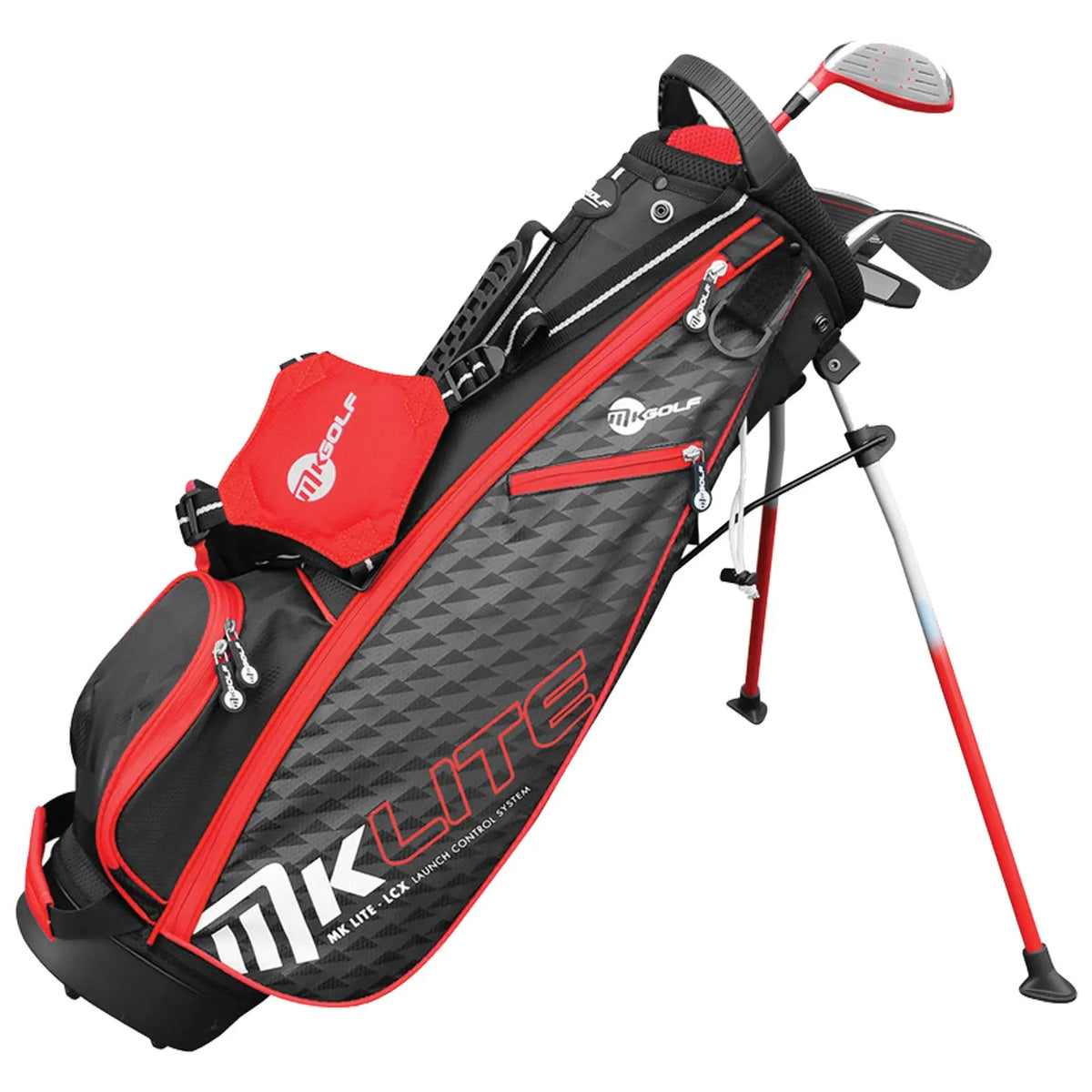A golf bag stands upright with a red and black design featuring multiple pockets and a distinctive logo showcasing its lightness and launch control system while holding golf clubs securely.