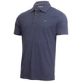 A navy blue polo shirt with a collar and short sleeves stands upright displaying three buttons and a small logo on the left side. The fabric appears casual and comfortable.