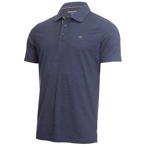 A navy blue polo shirt with a collar and short sleeves stands upright displaying three buttons and a small logo on the left side. The fabric appears casual and comfortable.