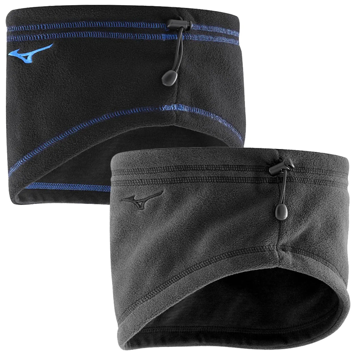 Two fleece neck warmers are stacked with one black featuring blue stitching and an adjustable toggle while the other is solid black both suitable for cold weather wear.