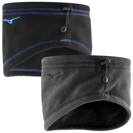 Two fleece neck warmers are stacked with one black featuring blue stitching and an adjustable toggle while the other is solid black both suitable for cold weather wear.