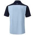 A polo shirt is displayed featuring a light blue body with dark blue sleeves and collar the back shows a logo centered near the neckline emphasizing a sporty design.