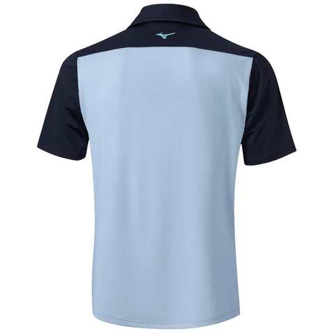 A polo shirt is displayed featuring a light blue body with dark blue sleeves and collar the back shows a logo centered near the neckline emphasizing a sporty design.