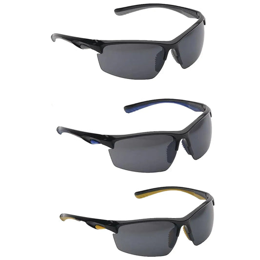 Three pairs of black sunglasses are displayed vertically with different colored accents on the sides. Each pair features tinted lenses and a sporty design suitable for outdoor activities.