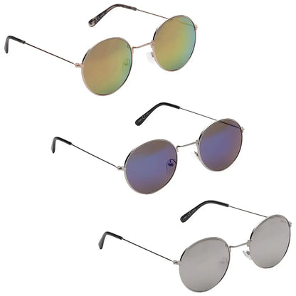 Three pairs of round sunglasses are displayed vertically. The top pair has reflective lenses with green and yellow hues. The middle pair features dark lenses with a gradient from blue to purple. The bottom pair has gray lenses.