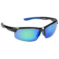 Sunglasses with a black frame and blue accents have reflective lenses displaying a gradient of green and blue hues resting in a neutral background.