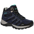 A dark blue hiking boot is positioned upright showcasing a waterproof design with grey and turquoise accents while displaying textured surfaces and a rugged sole suitable for outdoor activities.