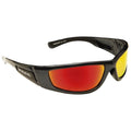 Black sports sunglasses with red and yellow tinted lenses are displayed at an angle highlighting their curved shape and sleek design suitable for outdoor use and protection from sunlight.