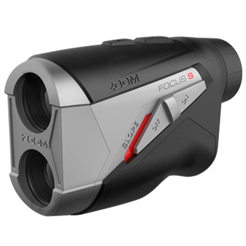 A black and silver laser rangefinder is designed for measuring distances. It features a focus adjustment and slope measurement buttons on its side, suitable for outdoor activities like golfing or hunting.
