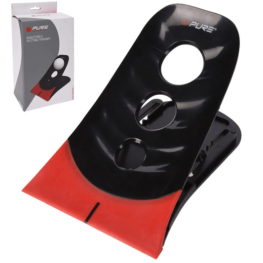 A black and red adjustable putting trainer designed for golf practice featuring multiple holes for ball alignment and a compact design suitable for indoor or outdoor use placed beside its packaging.