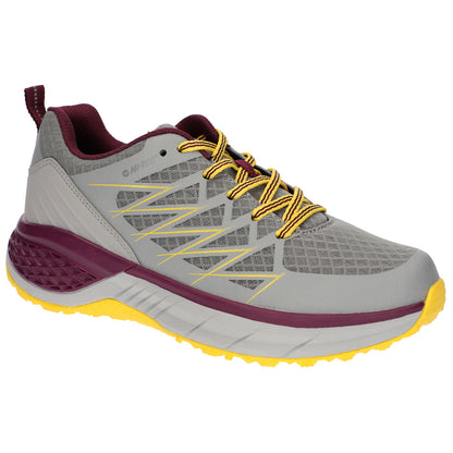 A sports shoe in gray with yellow accents is displayed standing upright. The shoe features a mesh upper, thick sole, and bright laces, suitable for running or outdoor activities.