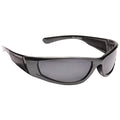 A pair of black sunglasses is displayed at an angle highlighting the smooth lenses and curved arms designed for comfort and style suitable for outdoor activities.