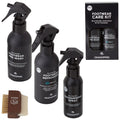 Three eco-friendly spray bottles labeled as footwear pre-wash footwear re-profiler and deodorising spray are arranged beside a wooden brush in a packaged footwear care kit by Craghoppers.