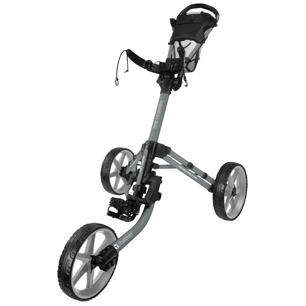 A golf push cart with three wheels stands upright featuring a sturdy frame and a cup holder is designed for transporting golf bags on various terrains.