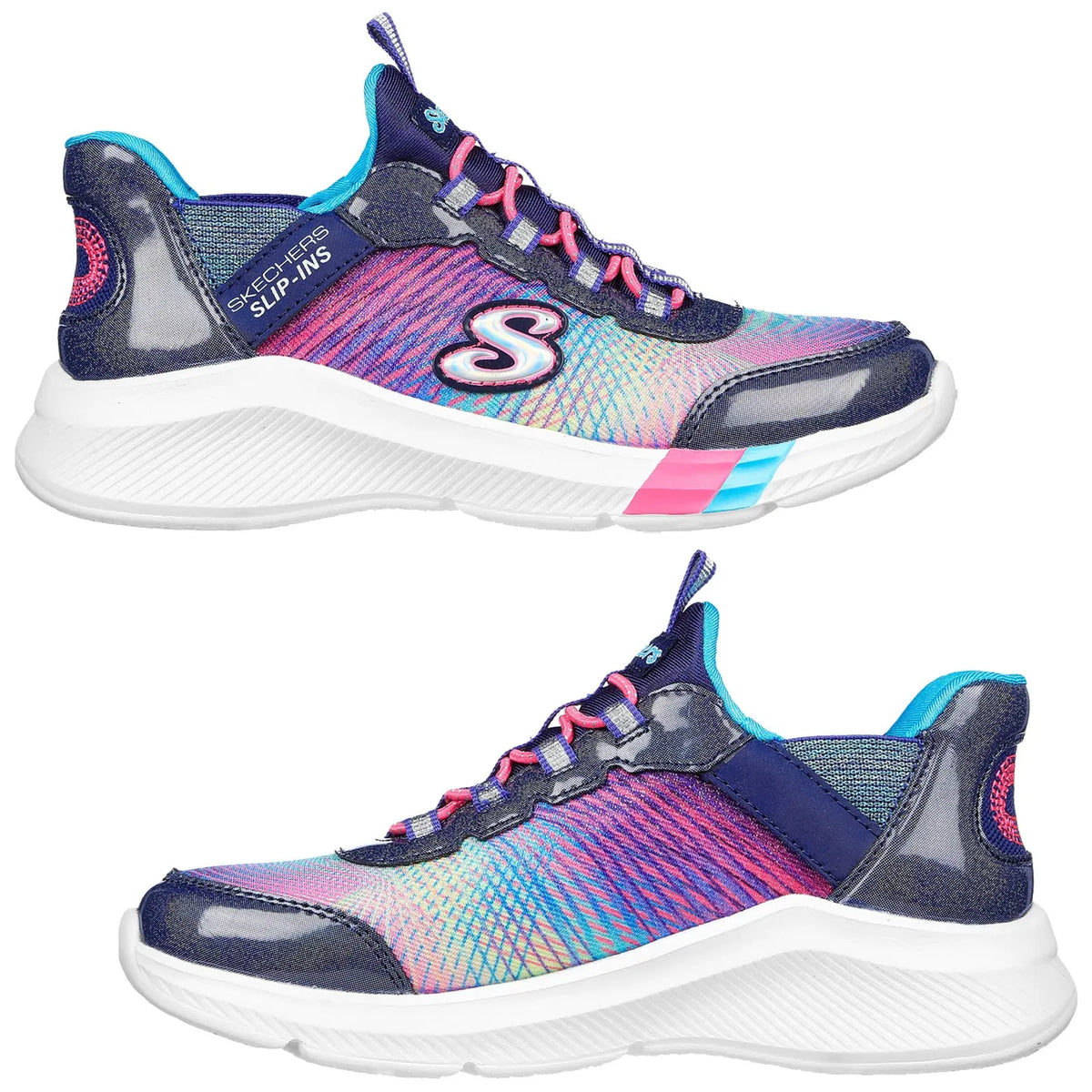 Colorful athletic shoes with a sleek design feature a mixed pattern of blue pink and purple stripes laced with pink and blue accents positioned against a plain white background.