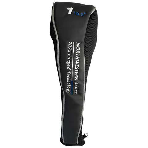 A black golf club head cover stands upright displaying the brand name Northwestern and specifications including 7075 Forged Technology and 460cc in white and blue lettering.