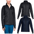 Under Armour Ladies ColdGear Infrared Storm Elements Jacket A woman is wearing a black quilted jacket while showcasing two additional jackets in black and navy. The setting emphasizes active outdoor wear suitable for various weather conditions.