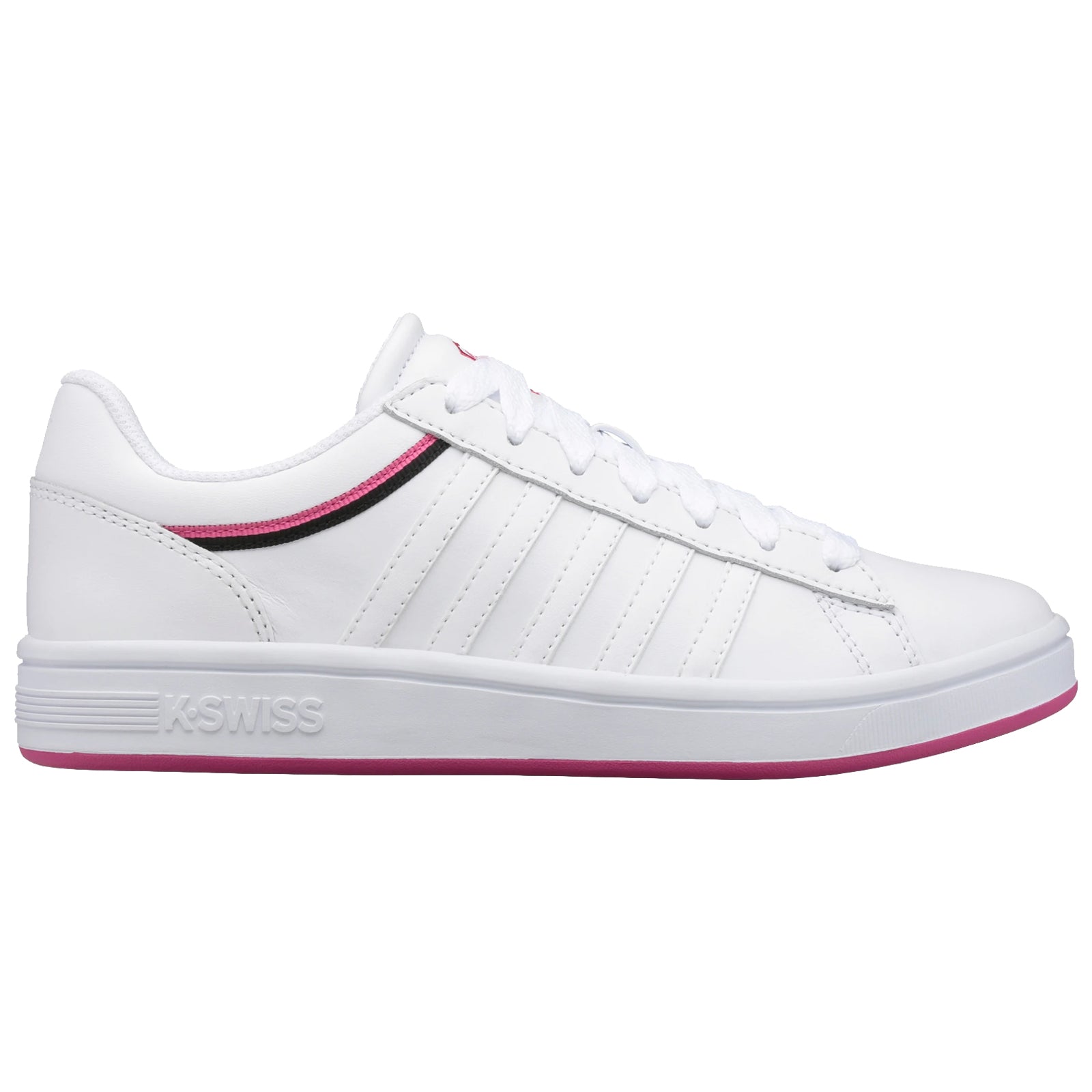 A white athletic shoe sits flat with a pink sole and black and pink accents on the side displaying a sporty design suitable for casual wear or light sports activities.