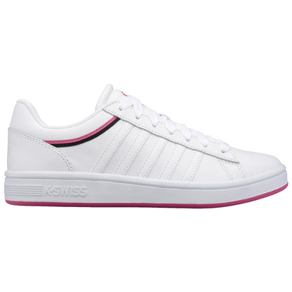 A white athletic shoe sits flat with a pink sole and black and pink accents on the side displaying a sporty design suitable for casual wear or light sports activities.