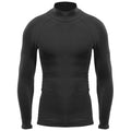 A black long-sleeve shirt with a mock neck is displayed, designed for close fit and warmth, typically used for sports or layering in cooler conditions.