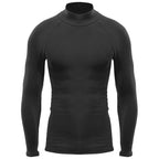 A black long-sleeve shirt with a mock neck is displayed, designed for close fit and warmth, typically used for sports or layering in cooler conditions.