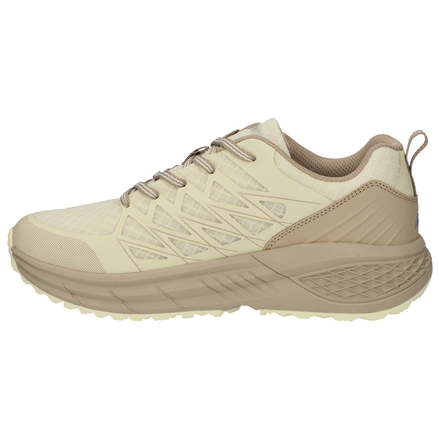 A light-colored athletic shoe features a textured upper with mesh panels and contrasting overlays while sitting on a neutral backdrop designed for comfort and support during physical activity.