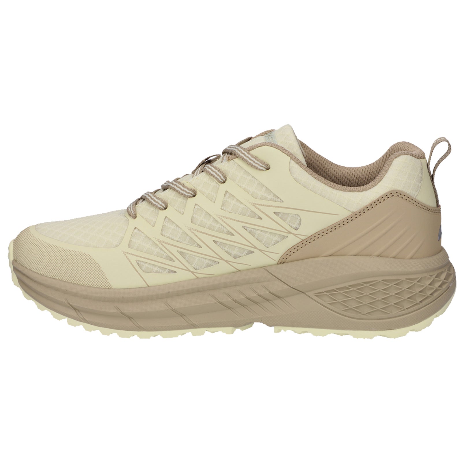 A light-colored athletic shoe features a textured upper with mesh panels and contrasting overlays while sitting on a neutral backdrop designed for comfort and support during physical activity.