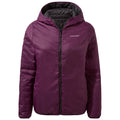 A purple hooded jacket is displayed hanging frontally with a full zipper and a smooth outer fabric providing insulation suitable for colder weather in a casual or outdoor context