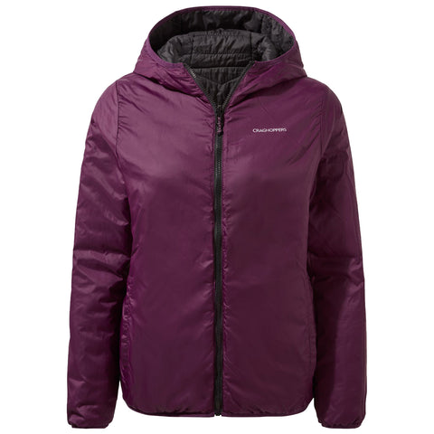 A purple hooded jacket is displayed hanging frontally with a full zipper and a smooth outer fabric providing insulation suitable for colder weather in a casual or outdoor context