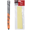A golf club grip is displayed alongside a pack of re-gripping tape strips designed for golf clubs the grip features textured patterns for improved hold and the tape pack contains fifteen strips.