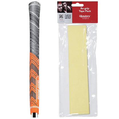 A golf club grip is displayed alongside a pack of re-gripping tape strips designed for golf clubs the grip features textured patterns for improved hold and the tape pack contains fifteen strips.