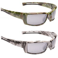 Camouflage sunglasses are displayed in two styles one with green patterns and the other in gray both featuring dark lenses and sleek design showcasing a modern aesthetic suitable for outdoor activities.