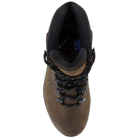 A brown hiking boot is positioned upright with black laces secured tightly. The interior is lined with dark material, indicating readiness for outdoor activities in rugged terrain.
