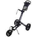 A golf push cart stands upright with three large wheels showcasing a sturdy frame and a padded handle designed for easy maneuverability on a golf course or similar terrains.
