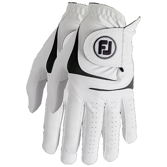 A pair of white golf gloves is displayed with a black accent. They are positioned together, showcasing the material texture and stitching details, typical for enhancing grip during play.