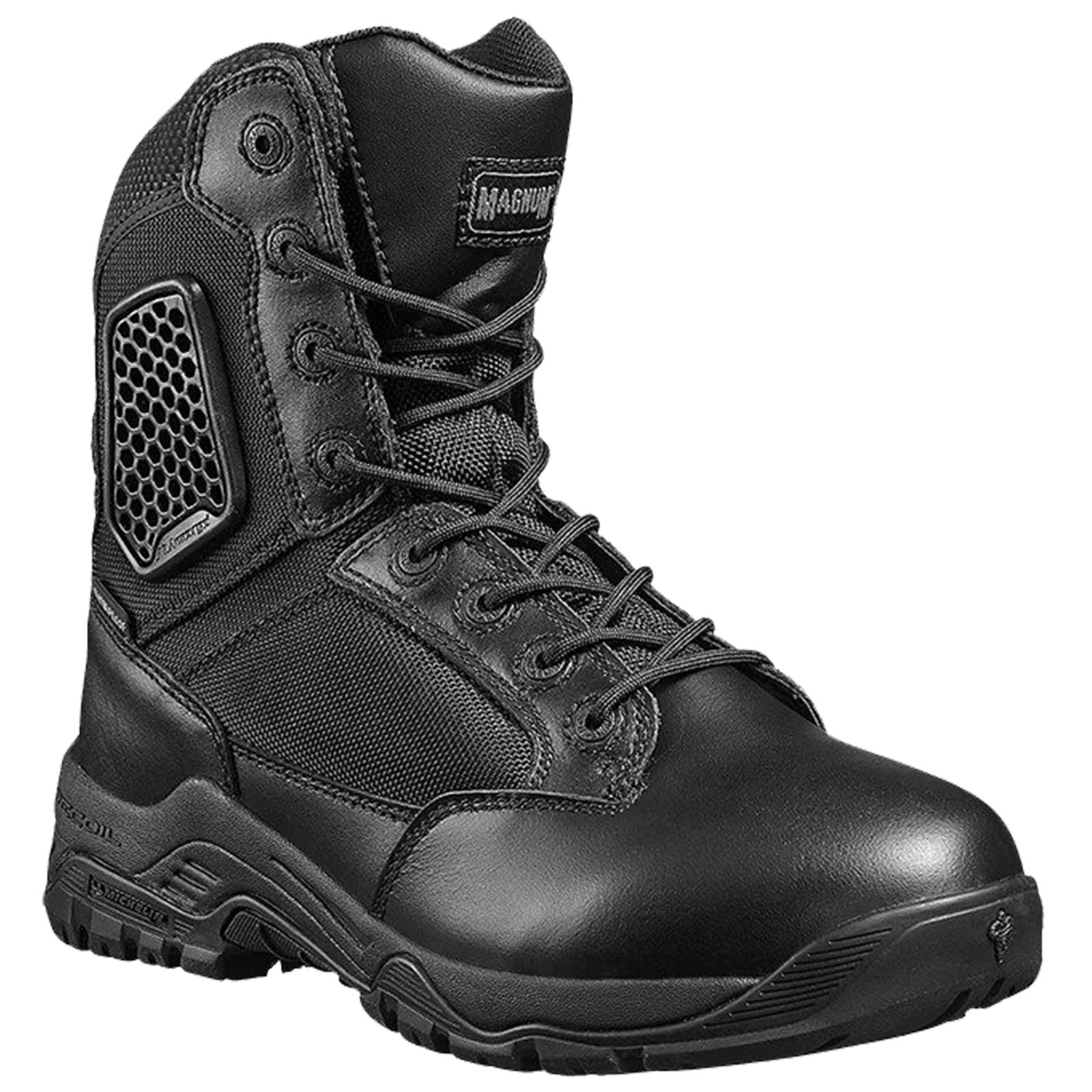 A black tactical boot designed for outdoor use features a high ankle for support and sturdy laces for secure fitting surrounded by a smooth surface for easy cleaning and durability.