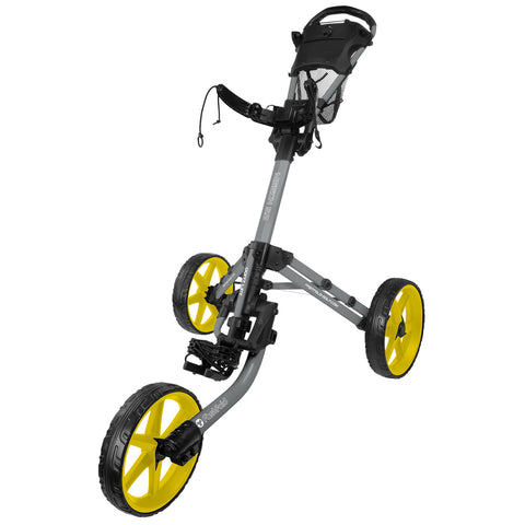A golf push cart with three wheels is elevated with yellow rims and a gray frame designed to transport golf bags. The handle features a mesh pocket for storage.