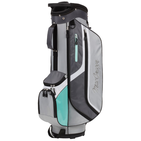 A golf bag stands upright featuring a grey and light blue design with multiple zippered compartments and a strap for carrying in an outdoor golfing environment.