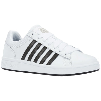A white sneaker with black stripes sits upright showing textured leather and a white sole laced with white shoelaces illustrating a sporty and casual style in a plain background.
