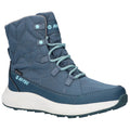 A blue waterproof winter boot features a quilted upper with light blue detailing and laces. The sole is thick and white, designed for comfort and traction in cold conditions.