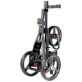A compact golf trolley stands upright with a sleek design featuring three large wheels and a streamlined body. It appears ready for use on a golf course or driving range.
