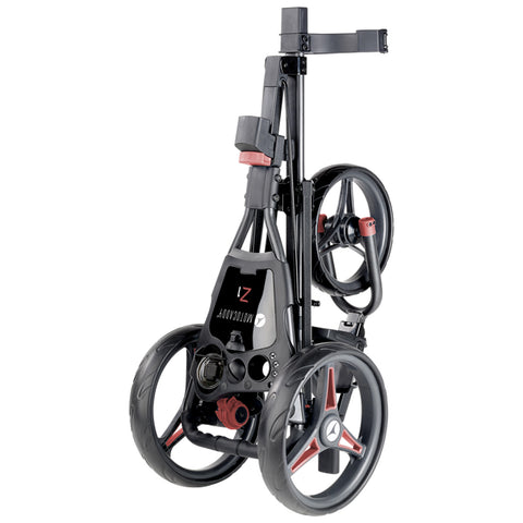 A compact golf trolley stands upright with a sleek design featuring three large wheels and a streamlined body. It appears ready for use on a golf course or driving range.