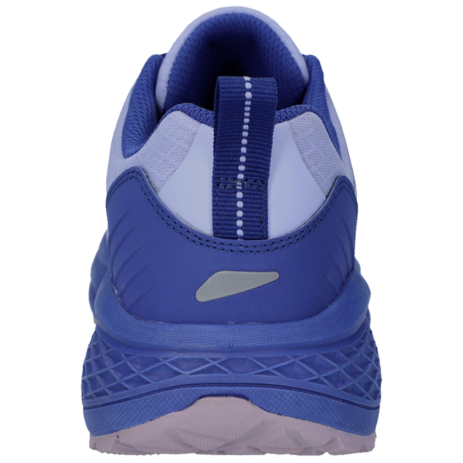 A blue athletic shoe stands upright showcasing its textured rear design with a pull tab and reflective details set against a plain white background.
