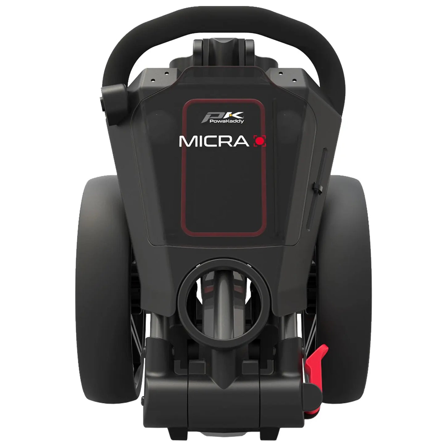A compact golf trolley is positioned upright showcasing its rear view with a black and red design featuring large wheels and a handle for maneuvering in a golf course environment.