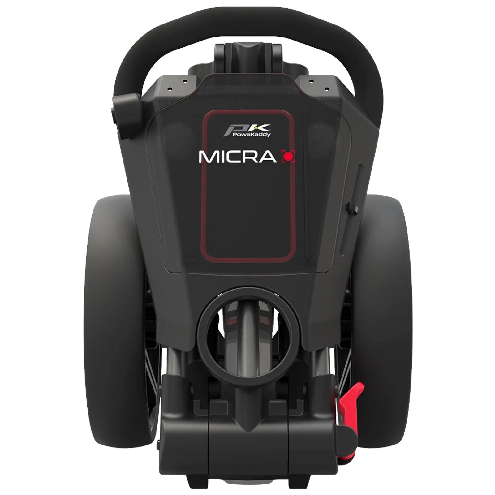 A compact golf trolley is positioned upright showcasing its rear view with a black and red design featuring large wheels and a handle for maneuvering in a golf course environment.